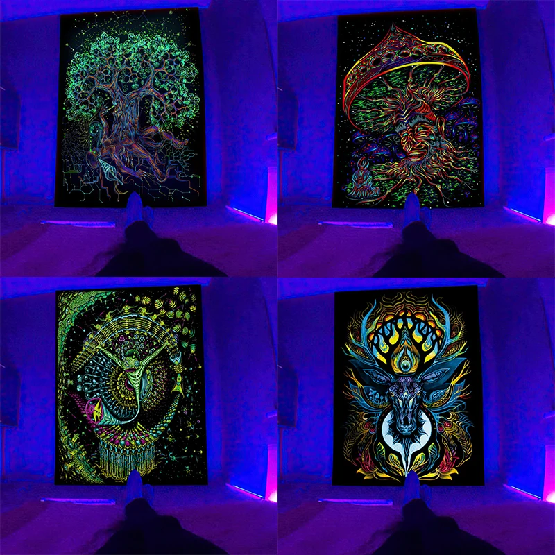 Fluorescent Mushroom Wall Hanging Tapestry Glows Under UV Light Psychedelic Tarot Home Decor Night Luminous Mandala 