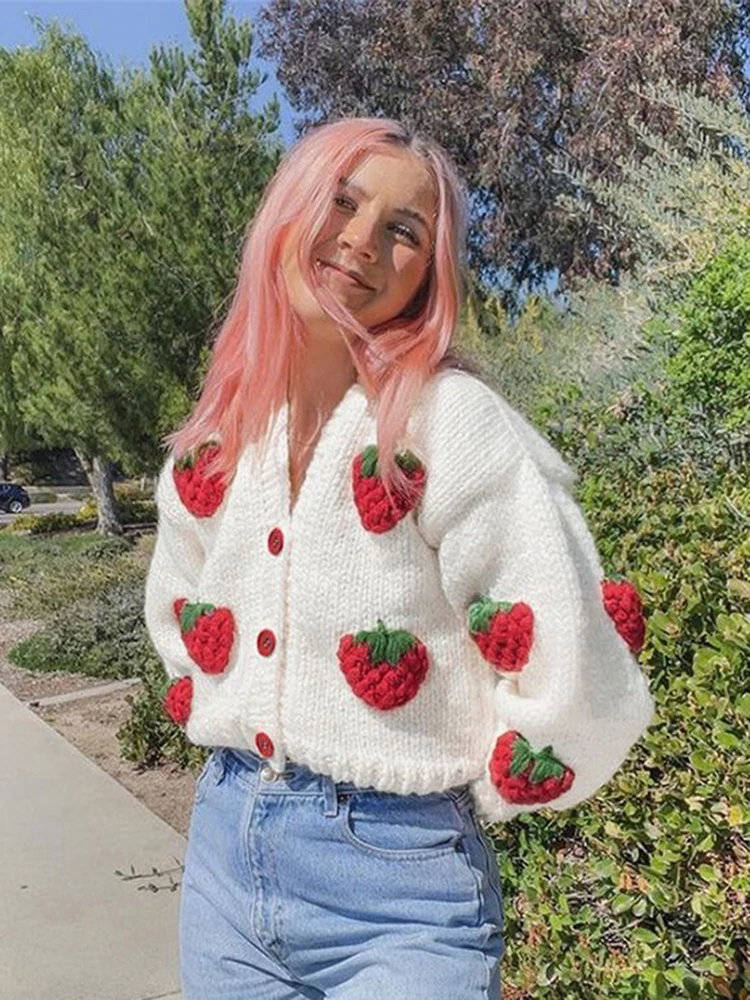 Jmprs Fashion 3D Strawberry Women Cardigan Sweater White Spring Loose American Style Female Knitted Coat Casual Ladies Jacket