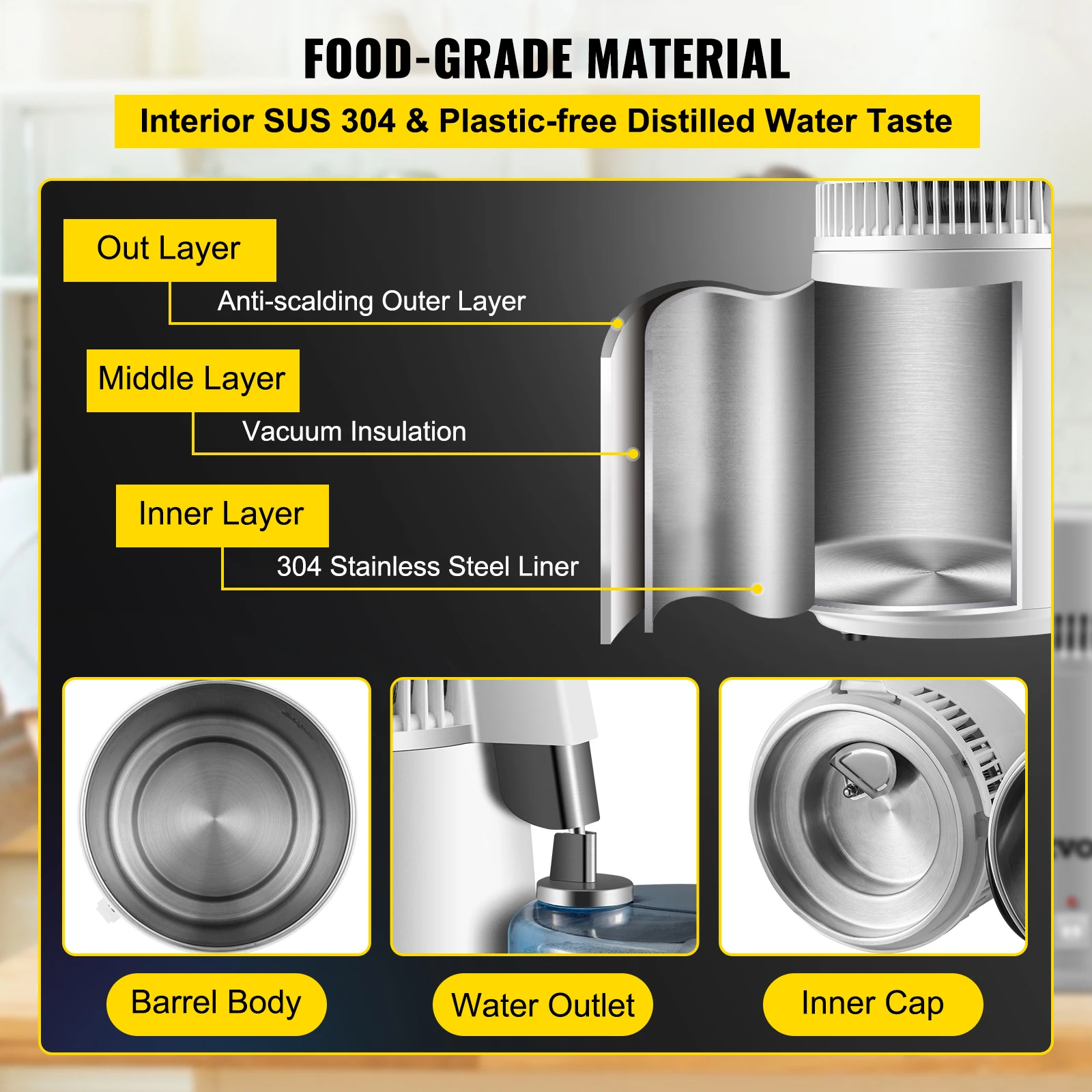 VEVOR 4L Water Distiller Purifier Filter For Drinking Bottle Softener 304 Stainless Steel Home Appliance for Office Use