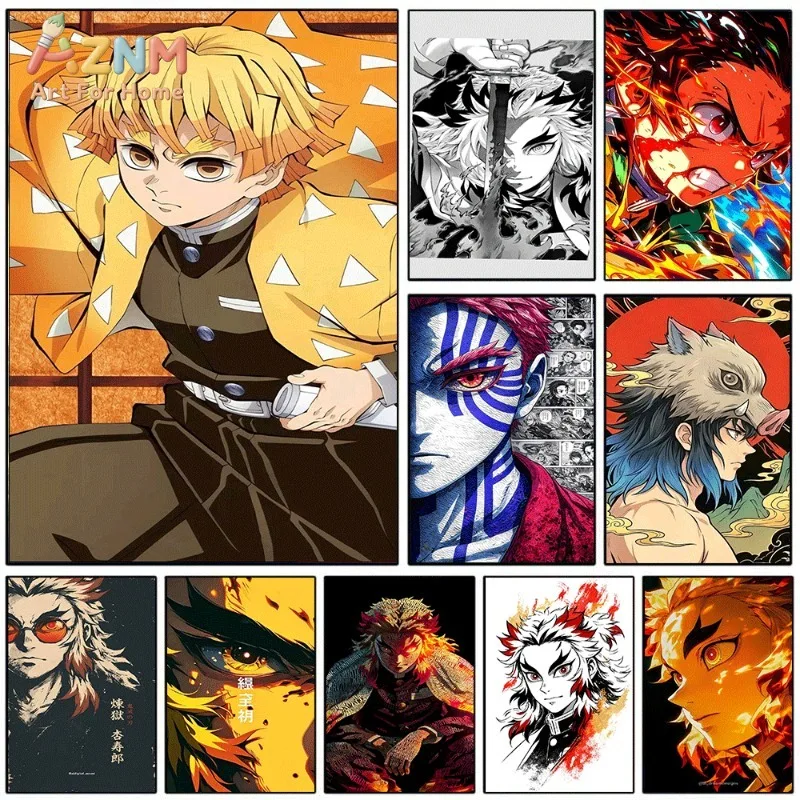 Demon Slayer Anime Canvas Wall Art Zenitsu Akaza Inosuke Rengoku Poster Unframed Canvas Painting Home Teen Room Wall Decor Print