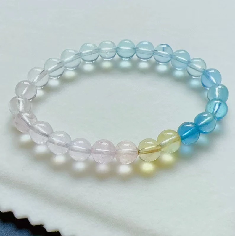 حقيقية الطبيعية الملونة مورغانيتي سوار كوارتز واضح الخرز المستديرة 7 مللي متر النساء الحلوى الأحمر الأزرق قوس قزح مورغانيتي حجر AAAAAAA