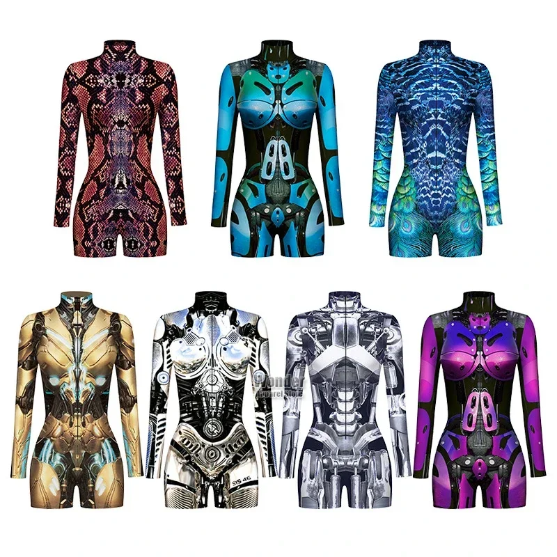 Cos Women Men Skull Machine Punk Future Robot 3D Print Bodysuit Jumpsuit Halloween Cosplay Costumes Stage Party Role Play Outfit