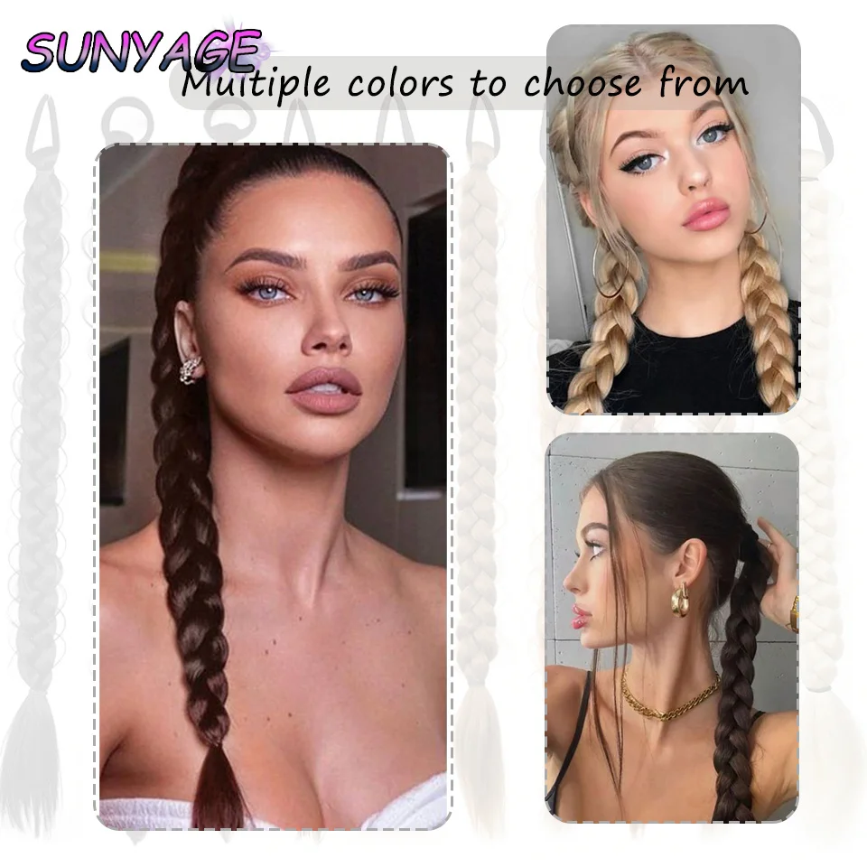 SUNYAGE-extensão de cabelo trançado sintético com elástico para mulheres, tranças de boxe, acessórios para cabelo, 24 ", longo, preto, Br