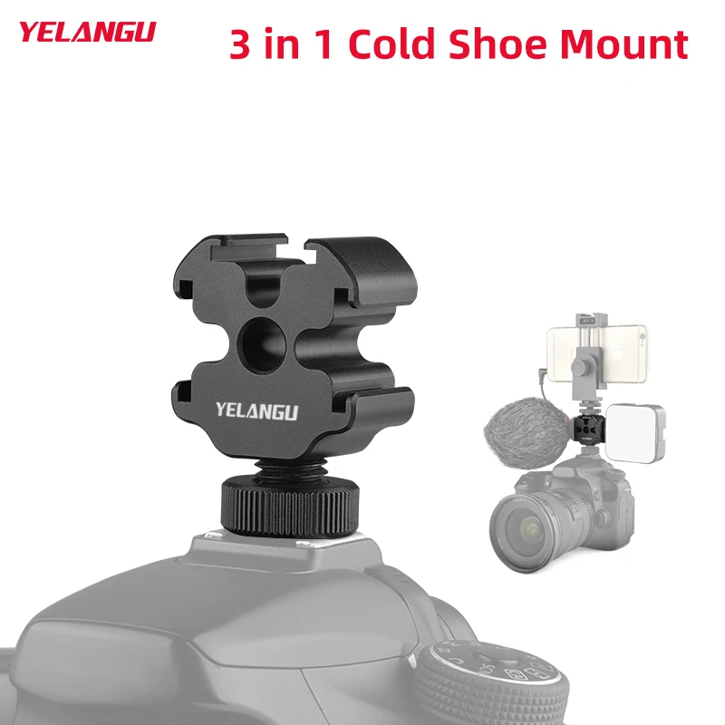 

YELANGU3 In 1 Cold Shoe Mount Adapter Extension Bar Bracket Stand for Camera Phone Vlog Video Triple Hot Shoe Plate Mount