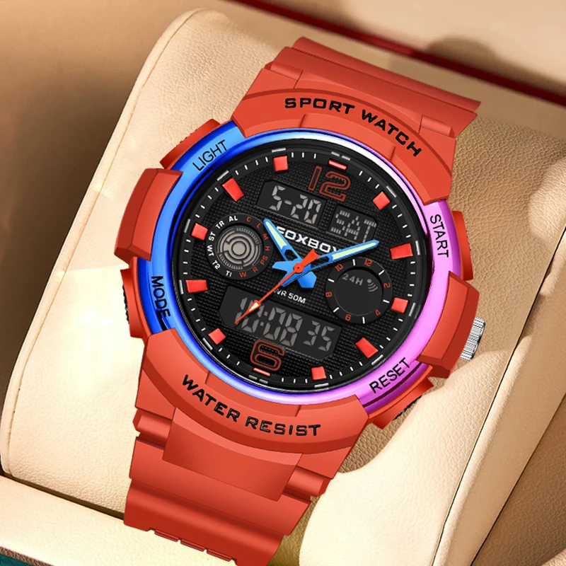 FOXBOX Casual Sport Elektronisch herenhorloge Mode Dubbel digitaal display Siliconen band Horloges Waterdicht alarm Herenhorloges