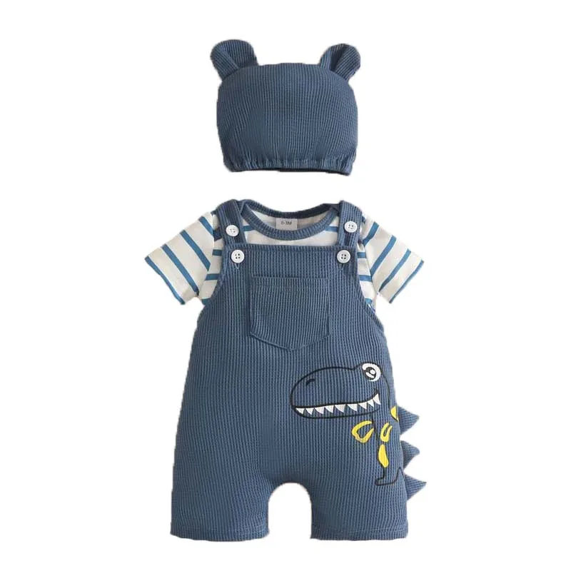 

3Pcs Baby Boy Dinosaur Outfit Striped Bodysuit Short Overalls with Hat Summer Infant Clothes Set 0-18 Months