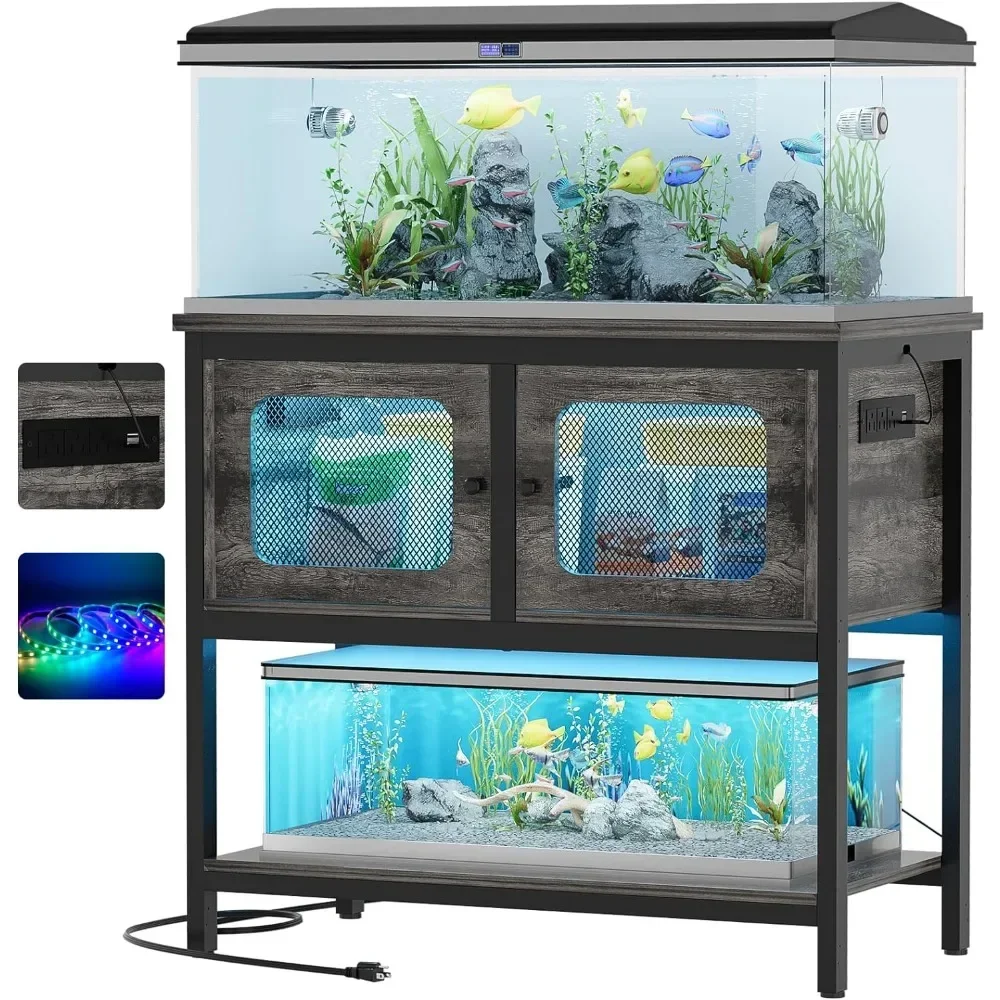 

40 Gallon Fish Tank Stand with Magic Power Outlets and Smart LED Lights, Aquarium Stand with Storage Cabinet