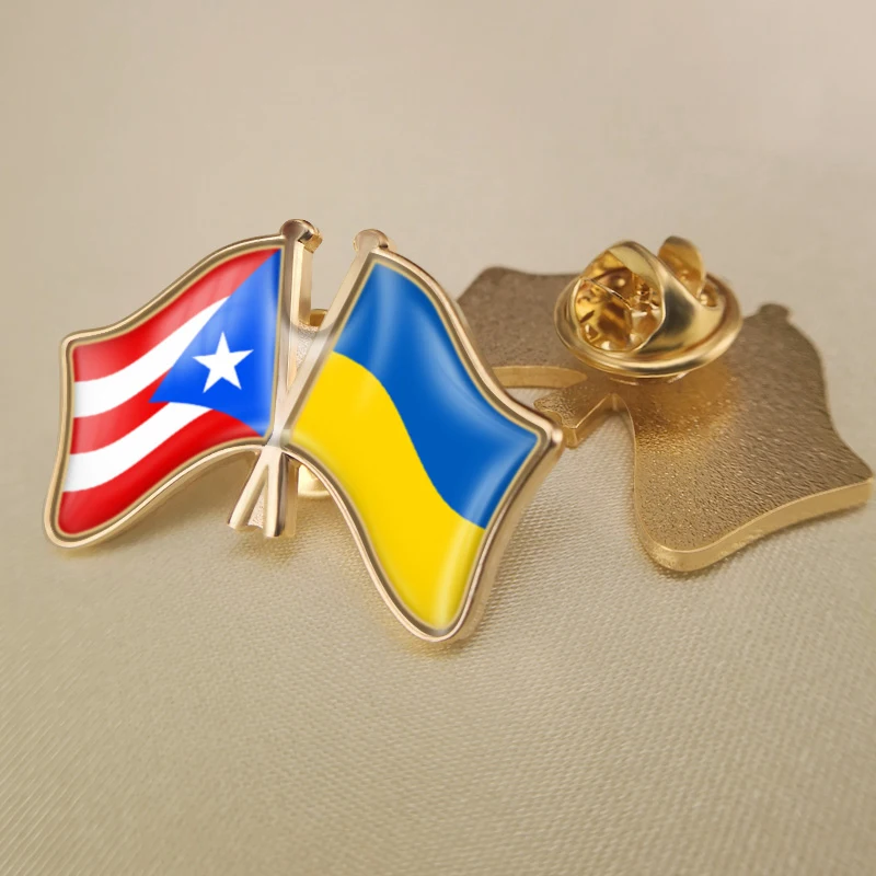 Puerto Rico and Ukraine Crossed Double Friendship Flags Lapel Pins Brooch Badges