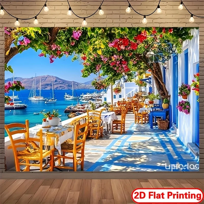 2D flacher 1-teiliger mediterraner Outdoor-Esshintergrund und Meerblick – Polyester-Hintergrundstoff, sehr geeignet für die Heimdekoration