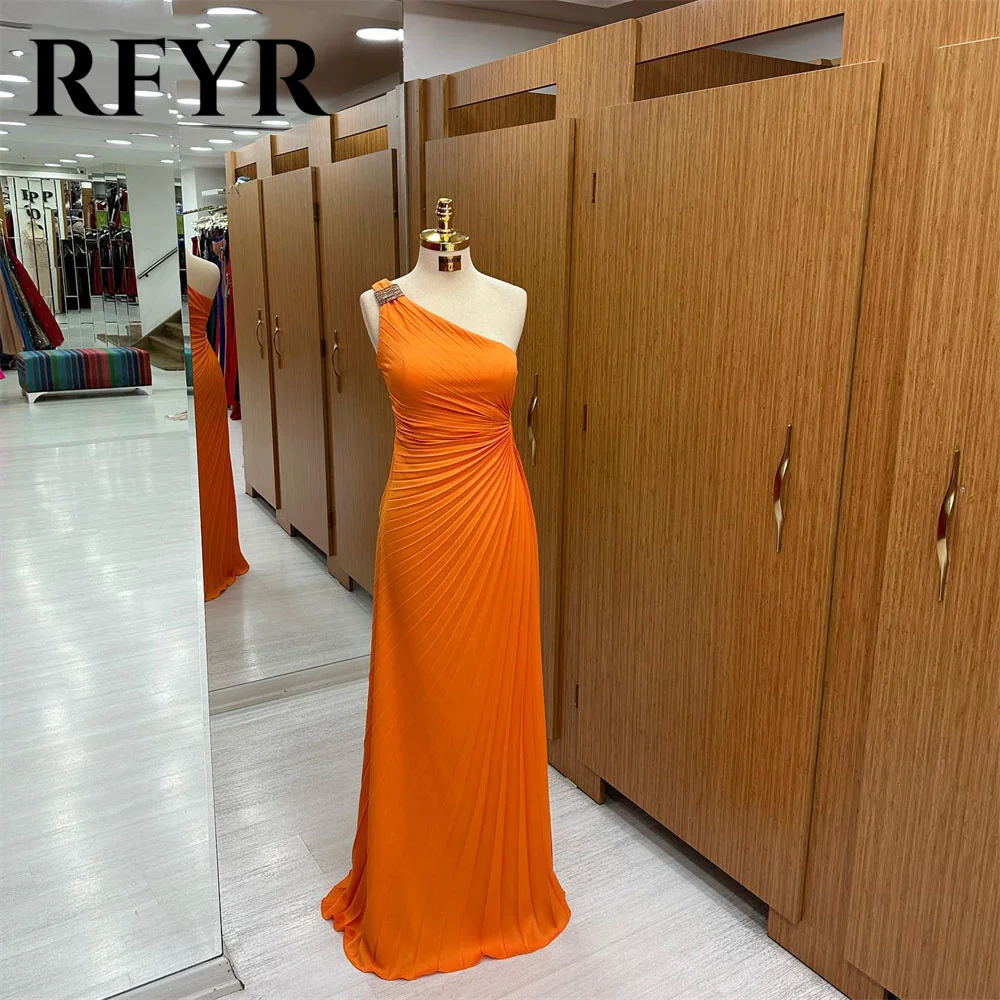 

RFYR Orange Evening Dress One Shoulder Sleeveless Charming Prom Dress With Beading Pleat Party Dresses فساتين مناسبة رسمية