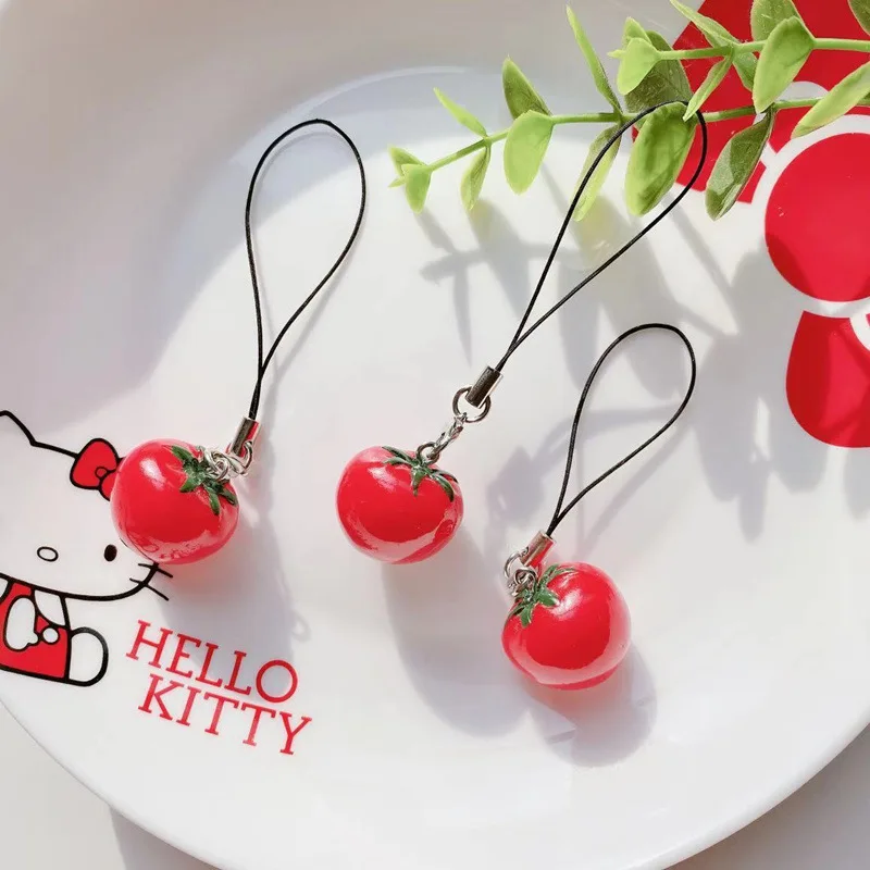 Simulação Morango Tomato Lanyard para o telefone móvel, U Disk Key Ring, bolsa feminina, pingente anti-perdido, presente de aniversário