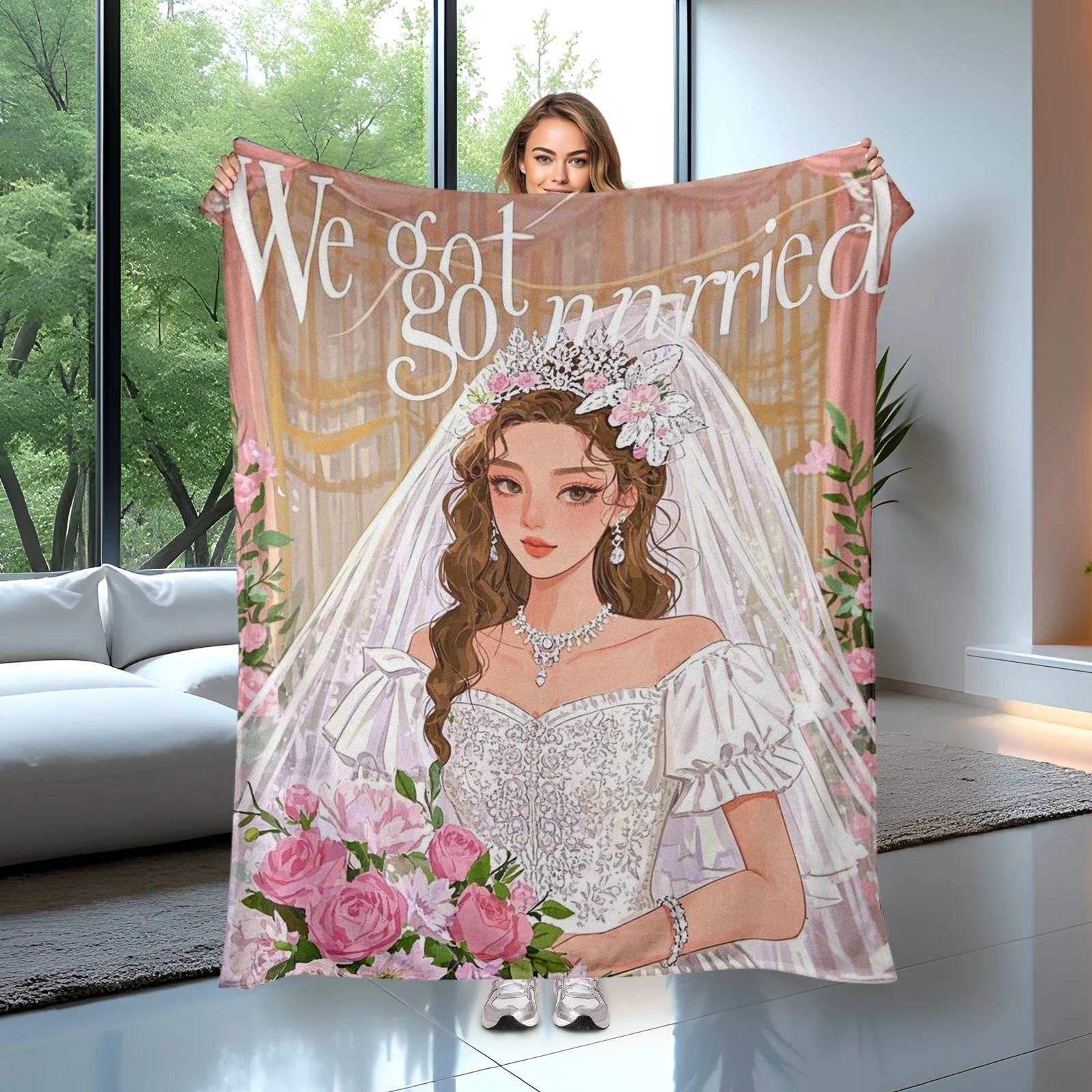 Adorable Cartoon Bride With Double Romantic Messages Blanket Ideal For Couples In The Wedding Season