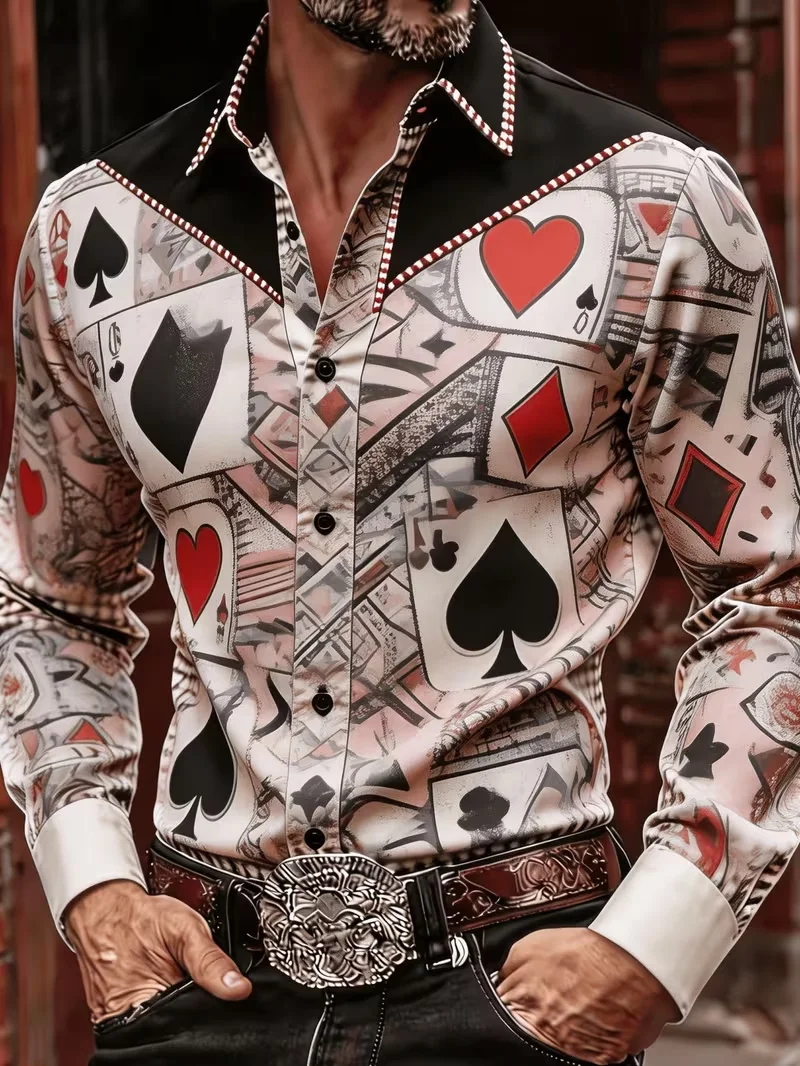 New American Western Poker Printed Splicing Long Sleeve Shirt Trendy and Handsome Men's Personalized Shirt