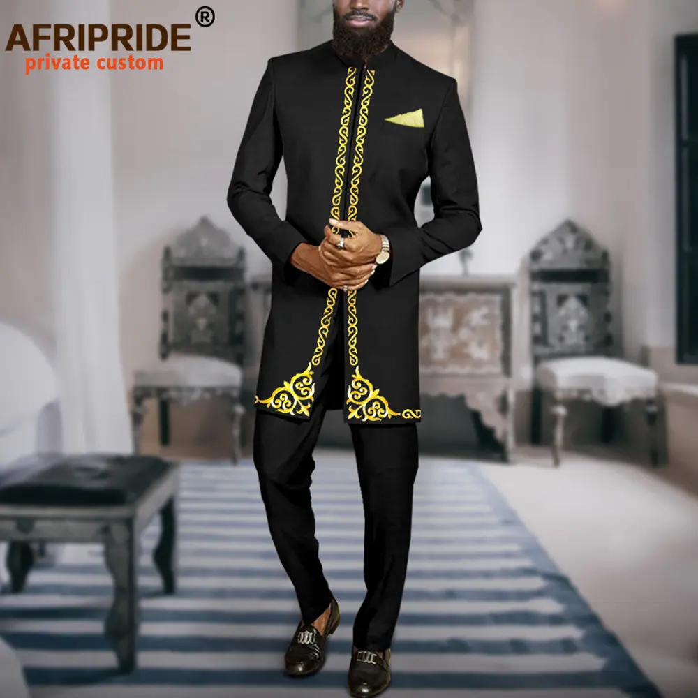 Men`s Suit African Clothes Embroidery Blazer and Ankara Pants 2 Piece Set Formal Outfits Dashiki Attire with Kerchief A2316066