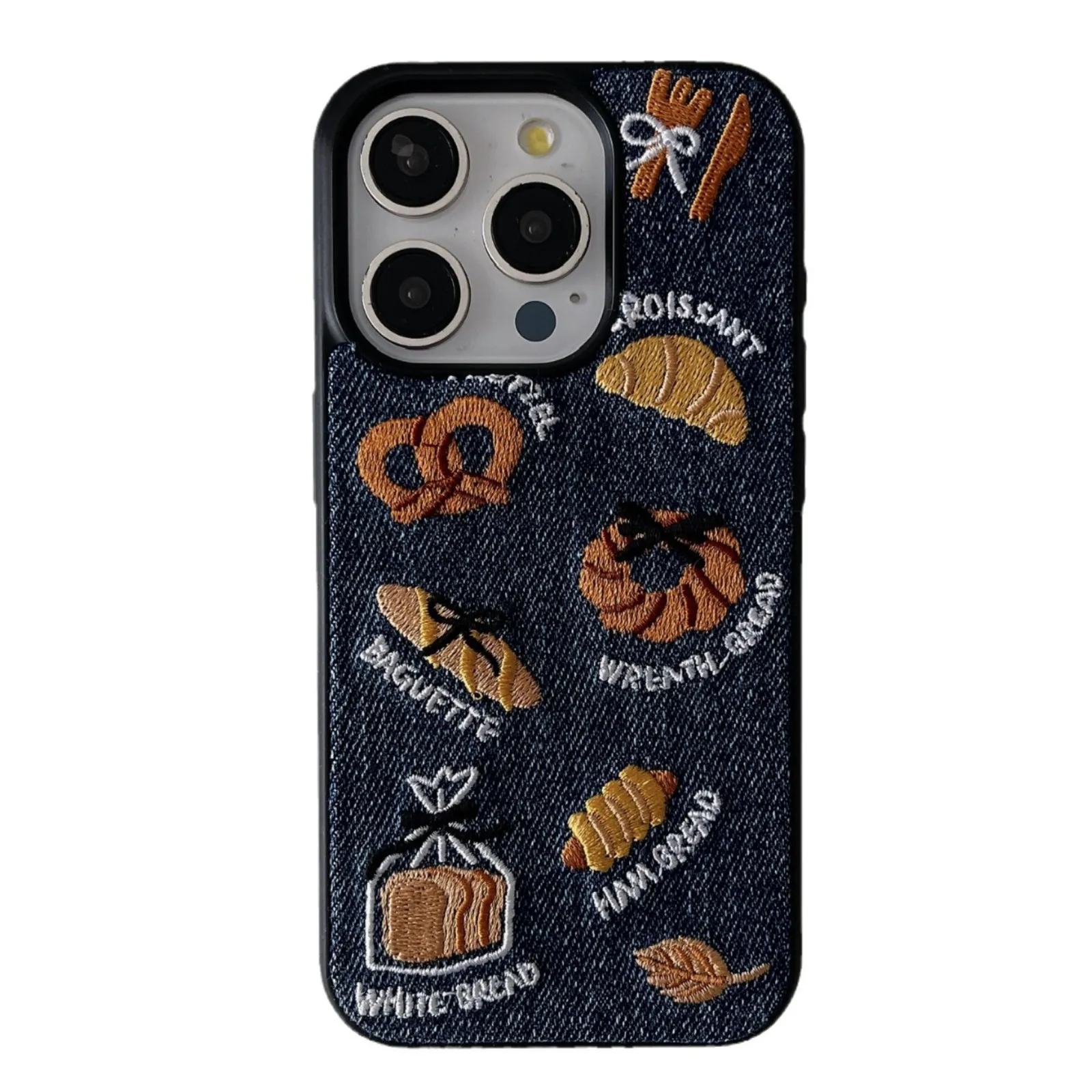 Embroidered Bread Denim Phone Case For iPhone 16 15 14 13 Pro Max Full Cover