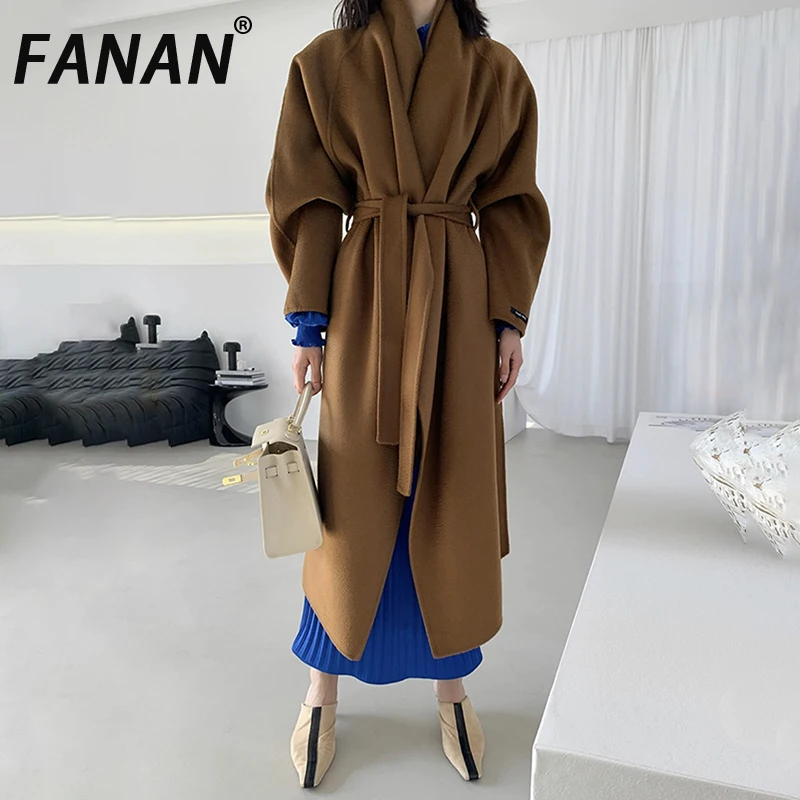

FANAN Высококачественные пальто из 100% шерсти, женский кардиган с лацканами и поясом, теплая длинная верхняя одежда, офисная женская одежда, новинка зимы 2023 г.