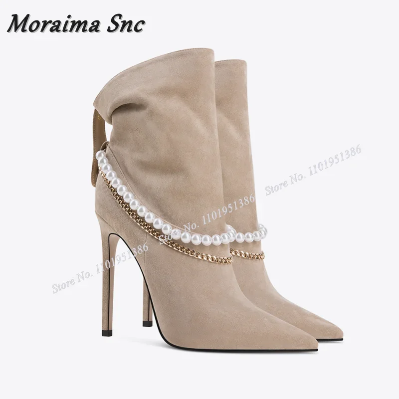Moraima Snc Slip on Stivaletti con decorazioni di perle Khaki Decorazione a catena Scarpe a punta pieghettate per donna Tacchi alti Zapatillas Mujer
