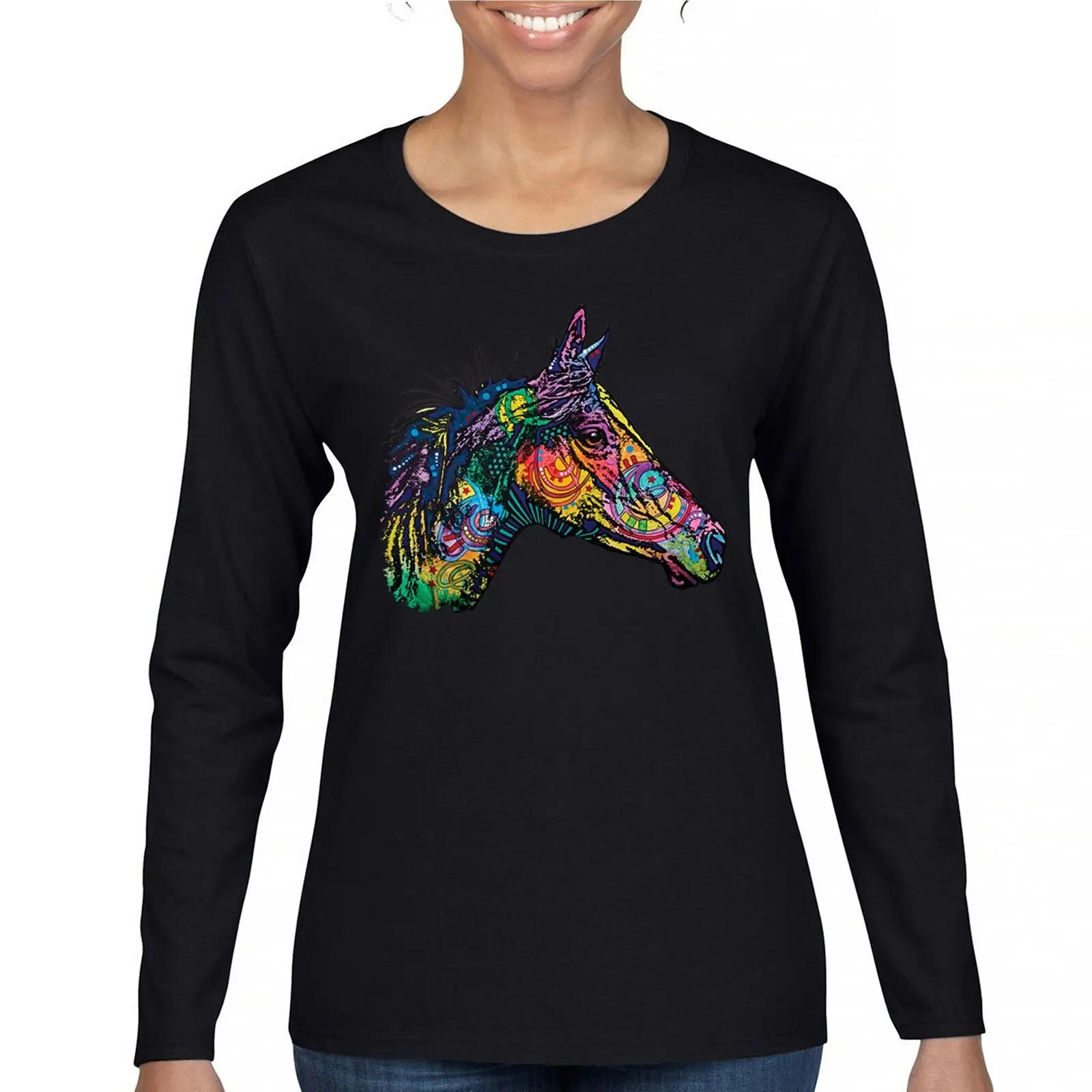 

Dean Russo Colorful Horse Women's Long Sleeve T-shirt Neon Mosaic Wild Mustang