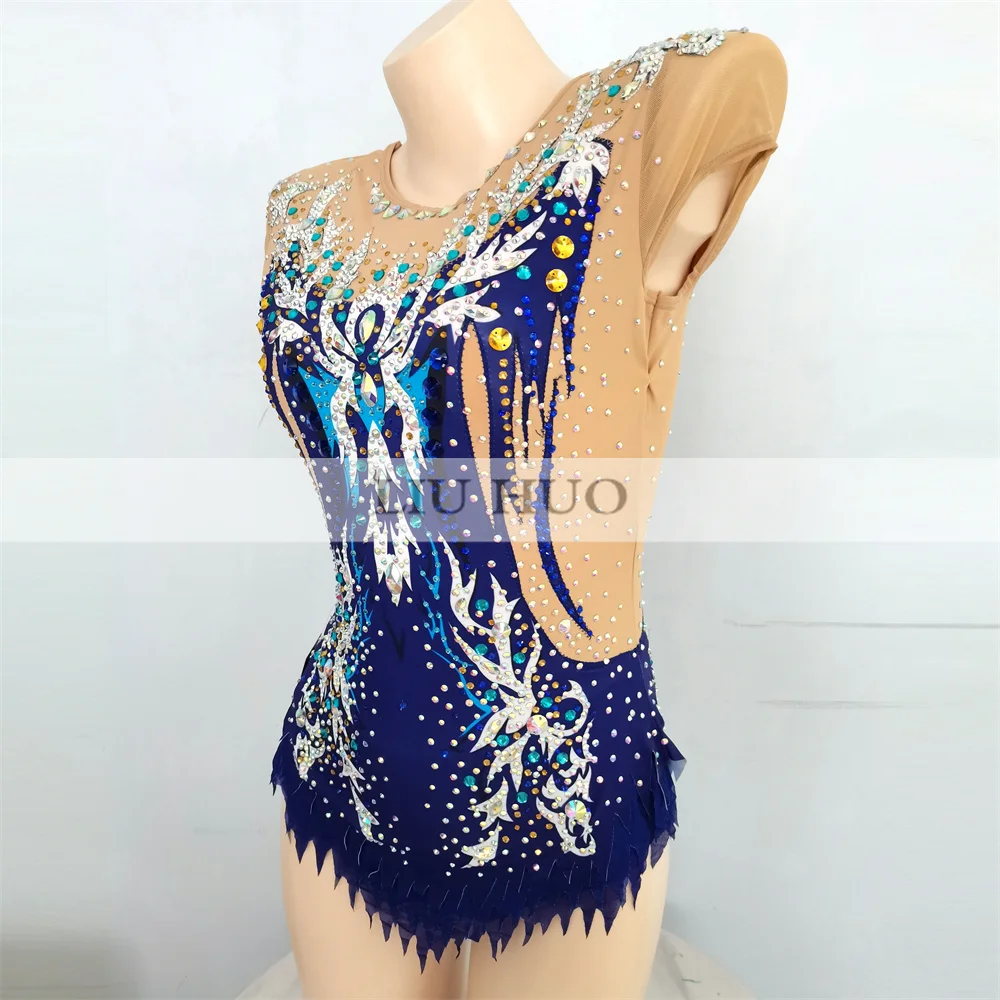 LIUHUO justaucorps de gymnastique rythmique aérobic adulte femmes fille Costume Performance compétition robe de danse bleu marine adolescents enfants
