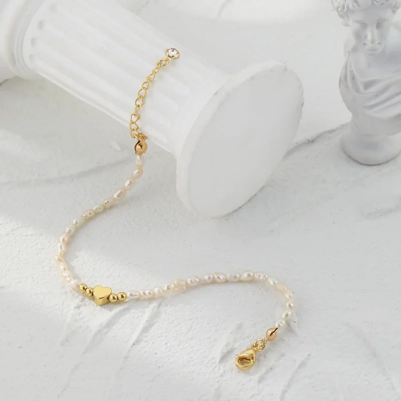 14K Gold Plated Pearl Bracelets for Women, Dainty 925 Silver Pearls Beaded Chain Heart Pearl Bracelets Jewelry Gift for Women