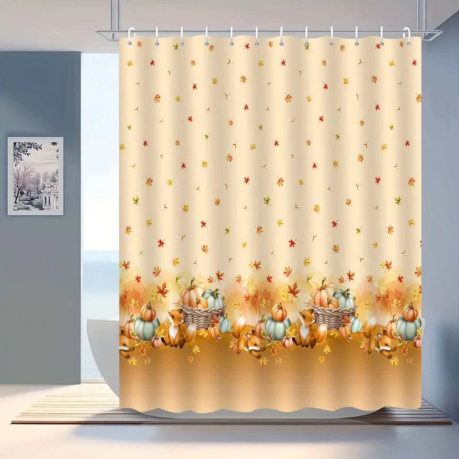 

Занавеска для душа «Осенний урожай», дизайн тыквы и кленового листа, водонепроницаемость, крючки в комплекте, универсальный праздничный аксессуар для ванны