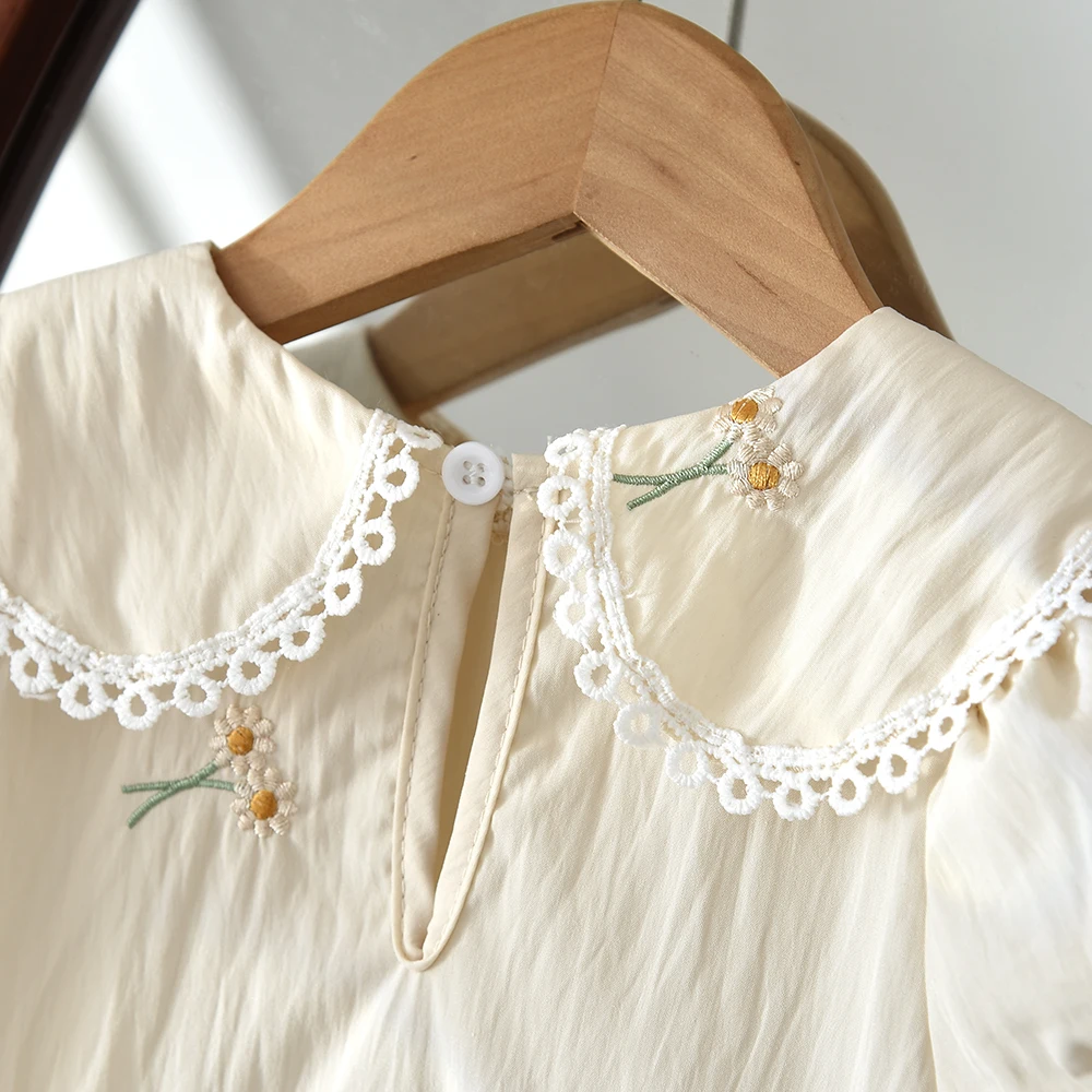 1-3 Years Old Cute Baby Clothing Korean Style Sweet Girls Dresses Summer Beige Flower Embroidery Short Sleeved Children Dress - view 5