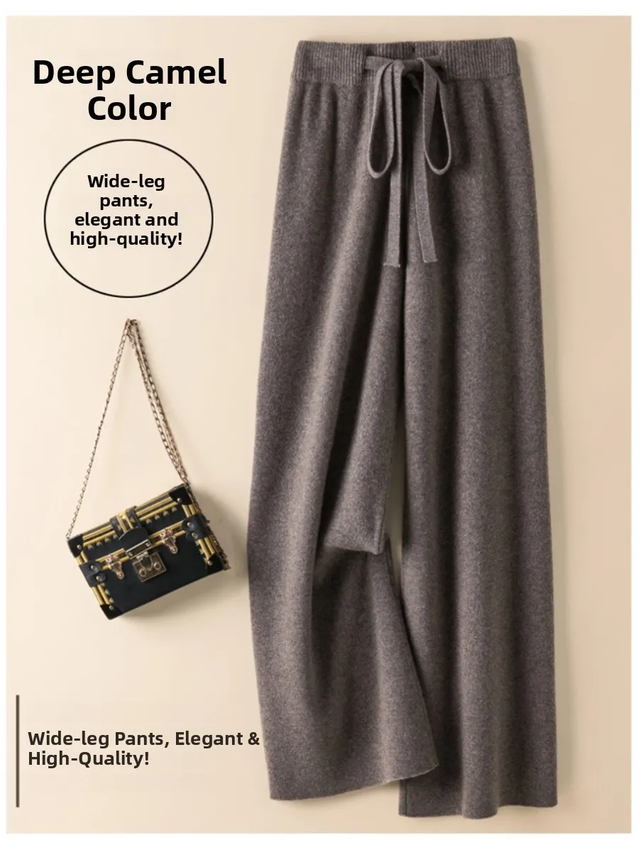 Otoño Invierno 00% lana tejida pantalones de pierna ancha mujeres sueltas cintura alta Camere pierna recta Thiened piso-longitud Casual Tro...