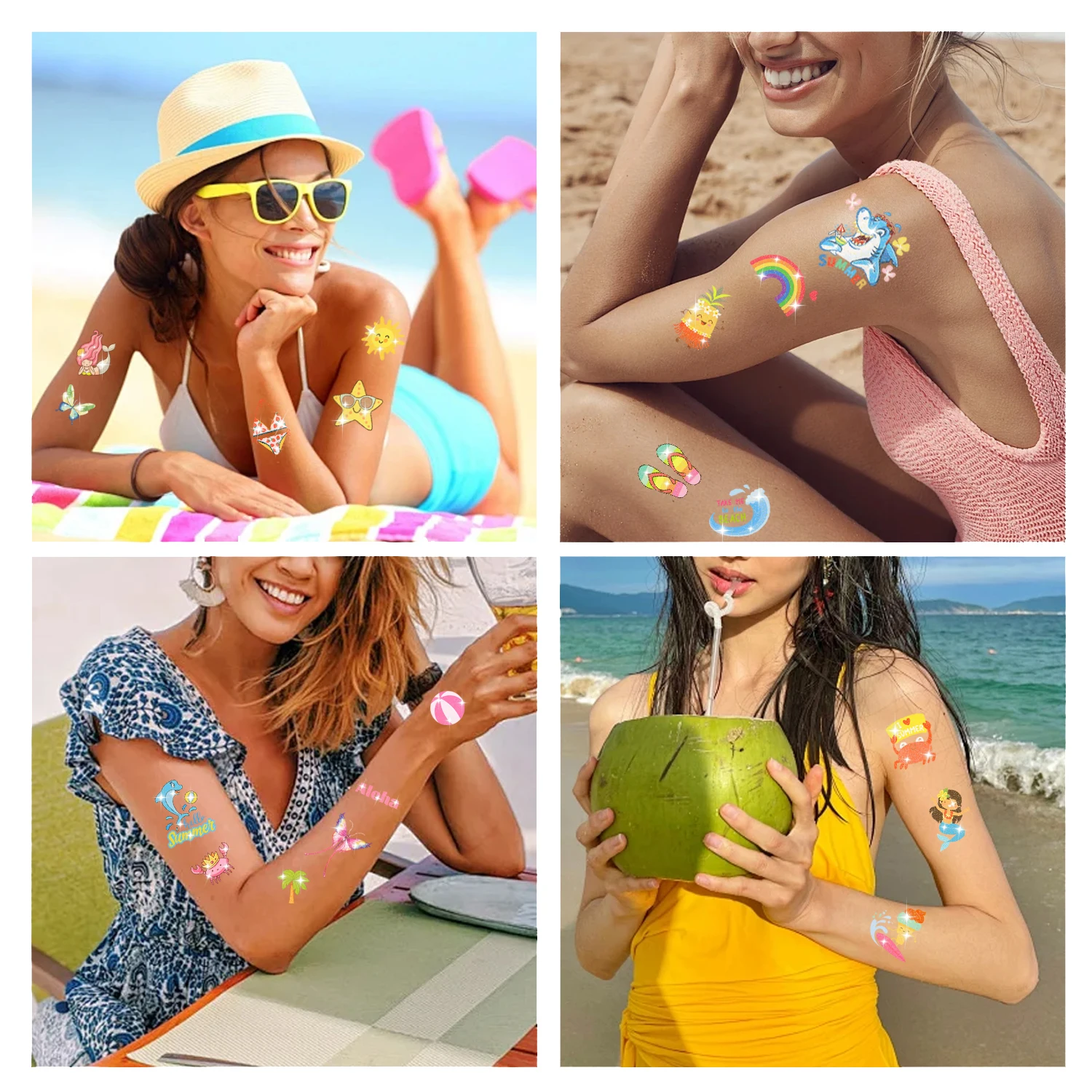 120 PCS Glitter Summer Temporary Tattoos For Women - Hawaiian Luau Party Favors, Adults Bulk Fun Pool Party Supplies