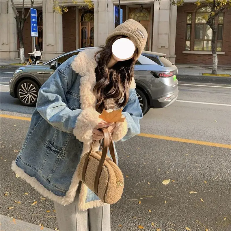 

Denim Coat Buttions Fur Plush Womens Winter Long-Sleeved Baggy Dopamine Aged Urban Office Wind-Proof Fitted Gothic Jackets Femme