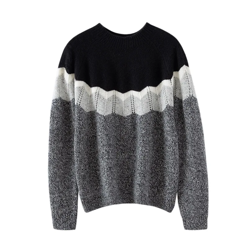 

Autumn/Winter New Women's 100% Pure Cashmere Pullover Casual Splicing Knitted Sweater Loose Round Neck Tops Thick Warm Jumper