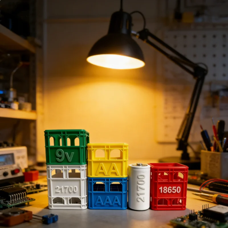 2026 Multi-Battery Storage Box 3D Printed Stackable Crate Holds AA, AAA, 18650 Cells, Labeled Compartments for Easy Organization