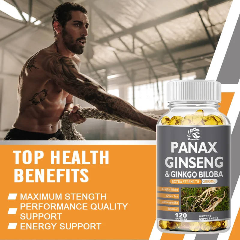 Panax Ginseng & Ginkgo Biloba-Kapseln für Energie-Stiamina und Gehirnentheugen mit Ashwagandha