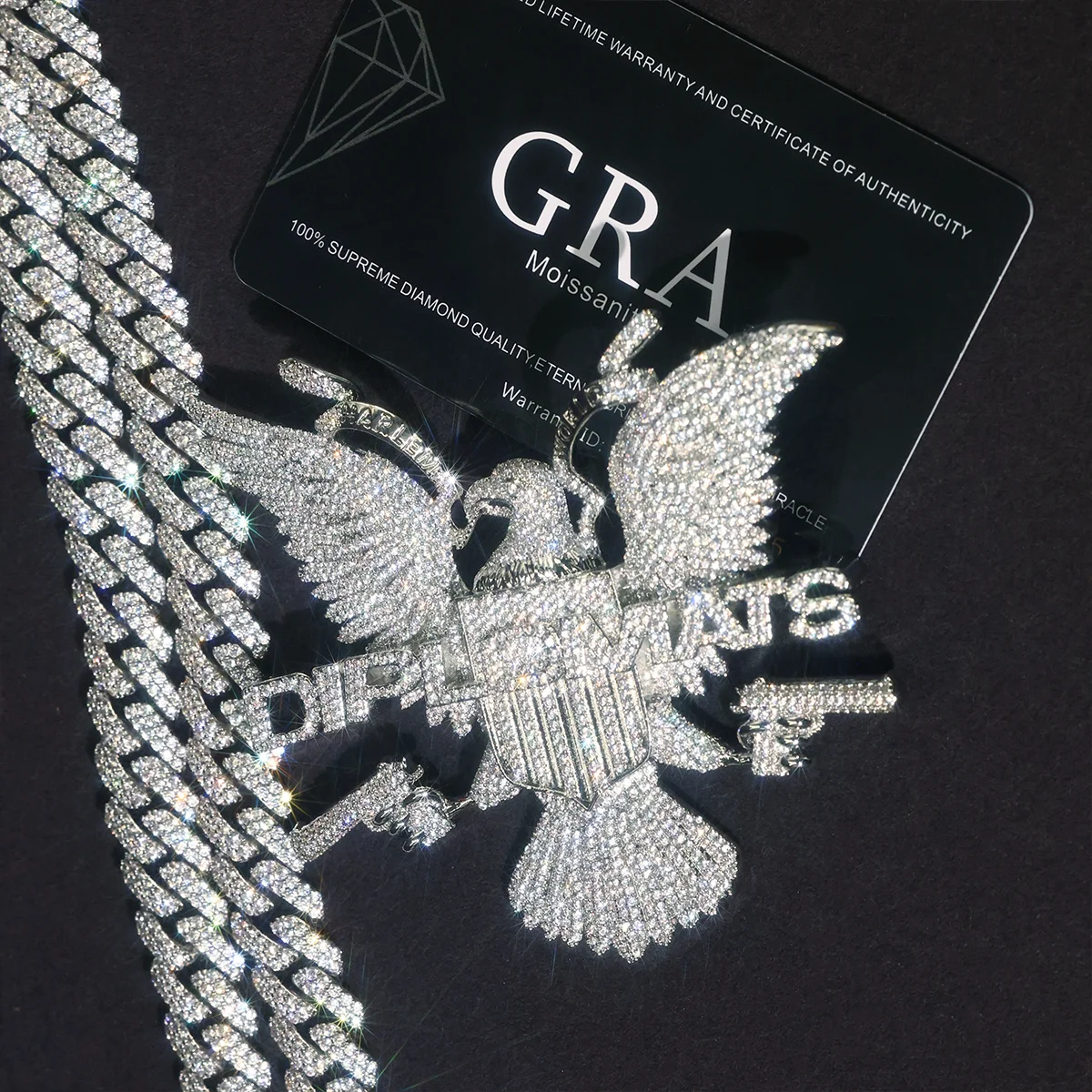 Hip Hop Iced Out Eagle Pendant Necklace, Cuban Link Chain, Full Micro Pave Zircon/Moissanite, Bling Letter Charm with Guns