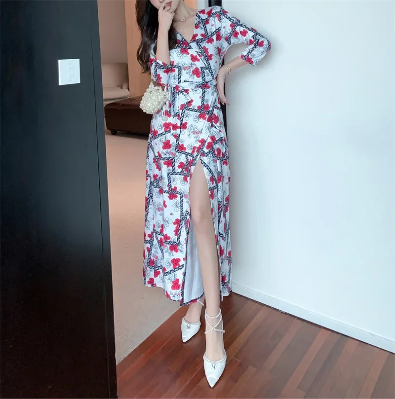 

vestidos para mujer robe Women's Floral Print Summer Wrap Dress V Neck 3/4 Sleeve A-Line Bohemian Maxi Long Dresses with Belted