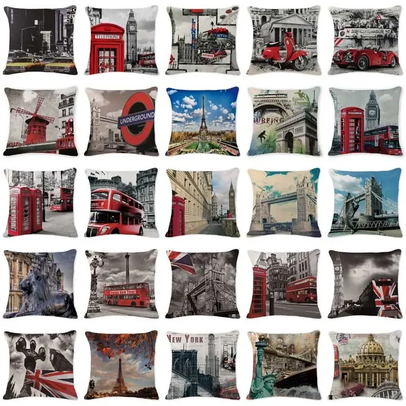 

Linen London Fashion Cushion Tower Decoration Big Ben Bus Cushion Cover Custom British Living Room Cushion Home Decoration