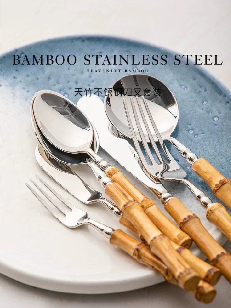 Bamboo Tableware Sets Stainless Steel Bamboo Cutlery Set Purely Natural Handle Flatware Set Dinnerware Steak Knife Cutlery