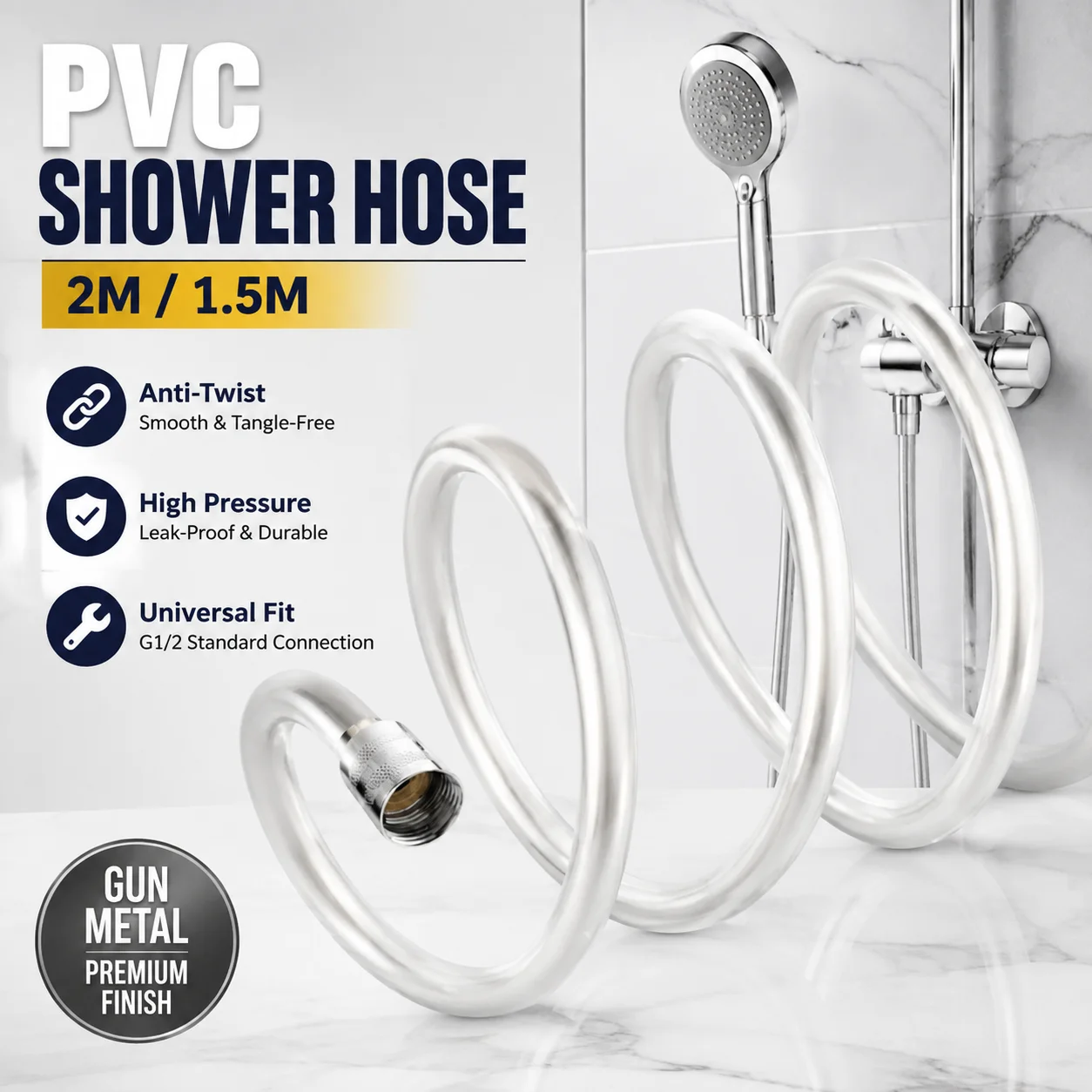 PVC Shower Hose 2m/1.5m High Pressure Flexible Anti-Twist Handheld Bathroom Accessories GI 1/2 Universal Fit Gun Metal