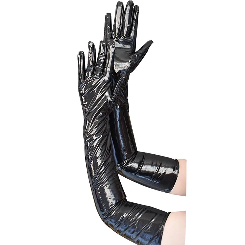 Gants sexy en latex verni noir pour femme, moufles longues, performance de danse d\'Halloween, discothèque, pole légiti, bar, cosplay, 53cm