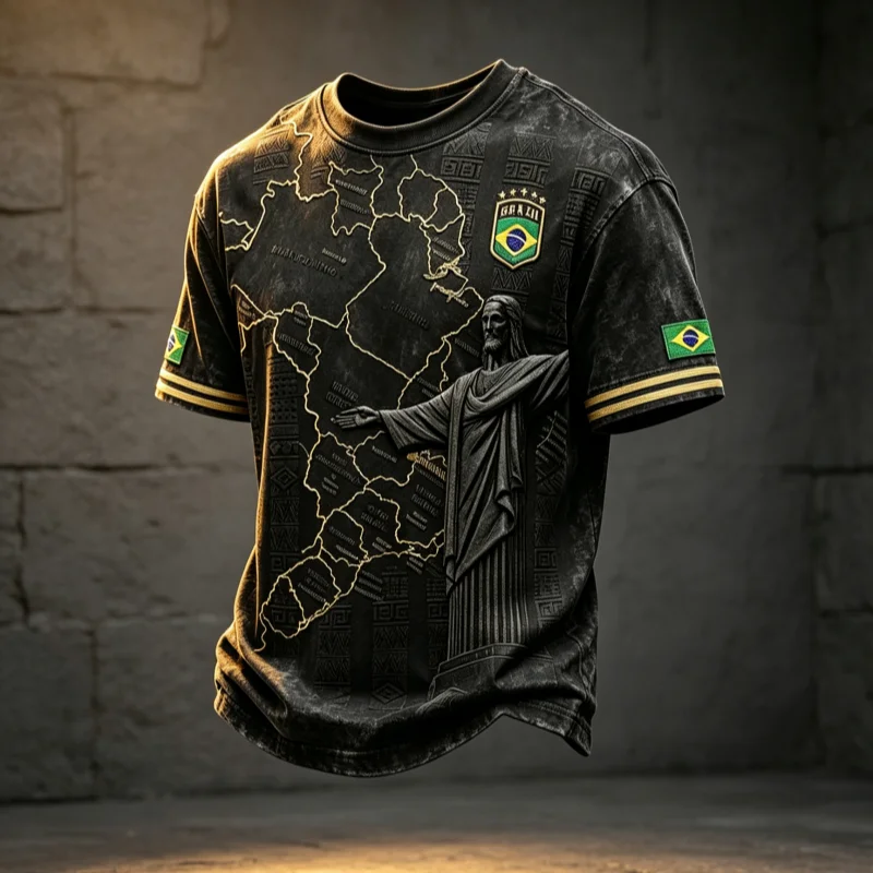 Black Brazil Street Style Tee with 3D Embossed South America Map Print & Gold Striped Trim for Soccer Fans FamilyMatching
