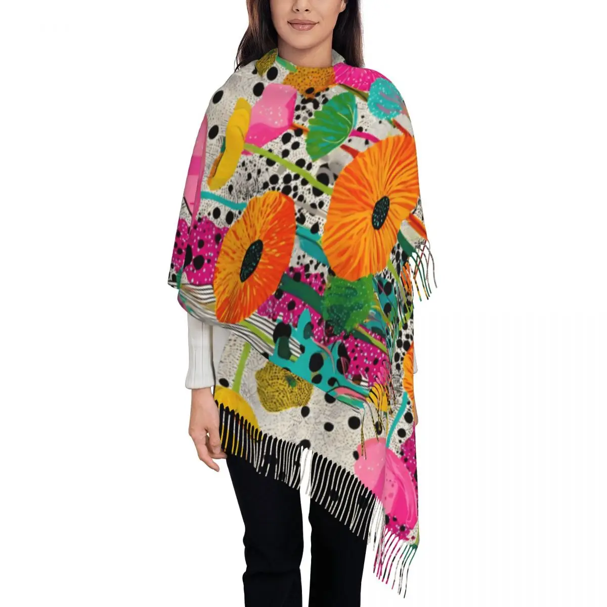 Yayoi Kusama Colorful Flowers Dots Scarf for Women Warm Winter Pashmina Shawls and Wrap Single-sided Pattern Scarves with Tassel