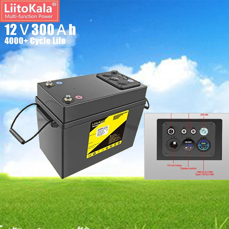 

LiitoKala 12V 300AH Lifepo4 Lithium Battery 4s Built in BMS with Voltage Display for 1200w Inverter Boat Golf Cart UPS