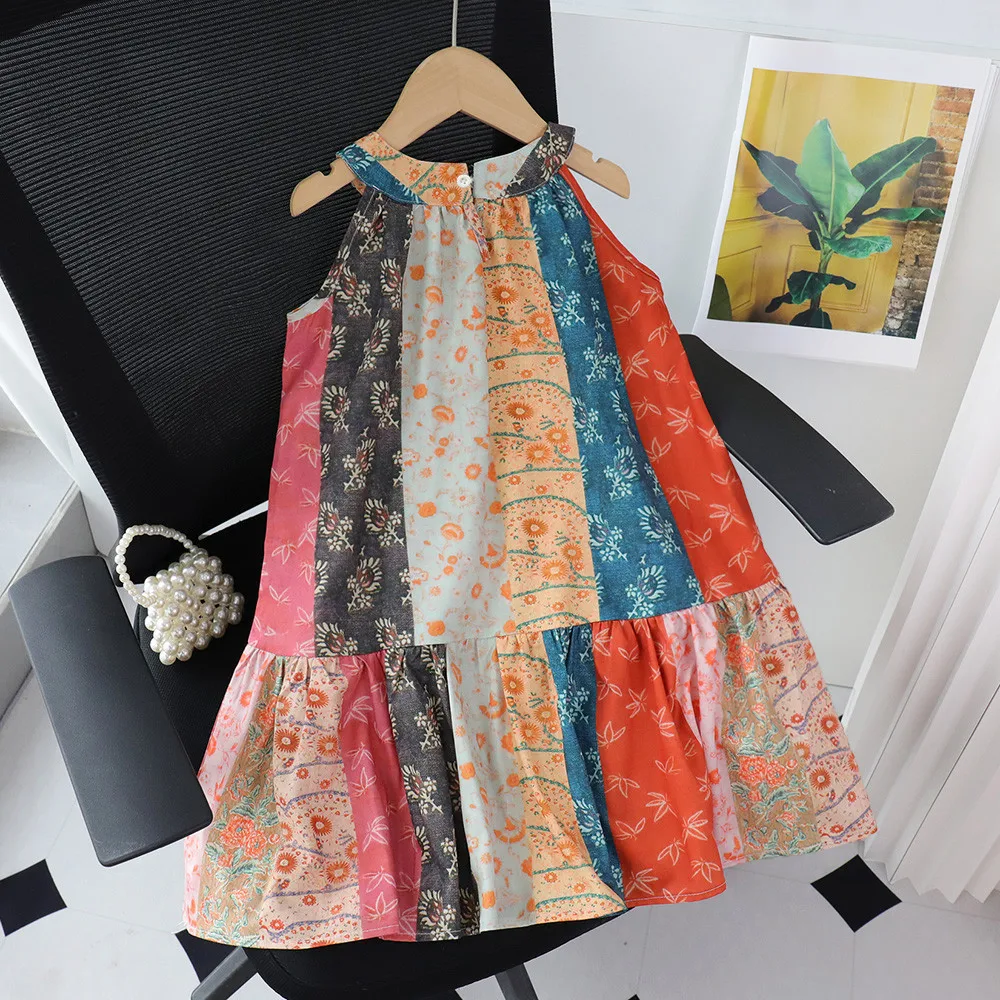 Bear Leader Kids Fashion Summer Flower Print Girls Clothes Bohemian Style Color Block Splicing Sleeveless Neck Hanging Dresses