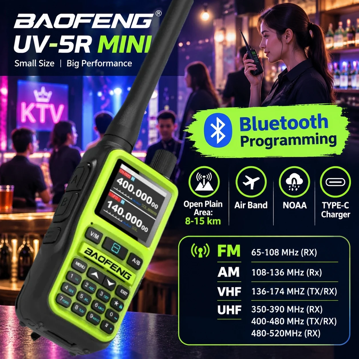BAOFENG UV-5R MINI Dual Band Radio 5W Walkie Talkie VHF UHF Two Way Radio Bluetooth Programming Type-C Charging Portable Ham Rad