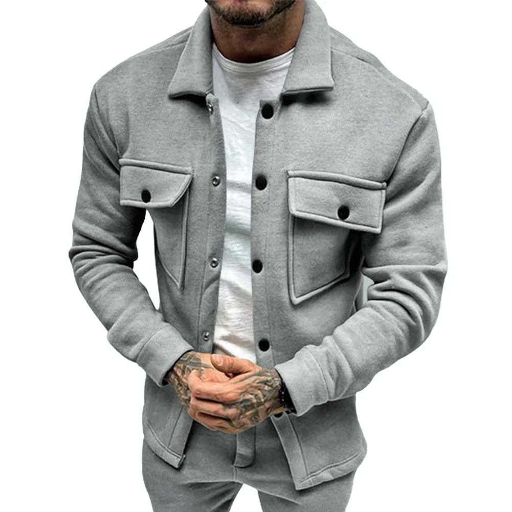 Stylish Men's Button Up Fleece Jacket Solid Color Casual Lapel Coat S 2XL Sizes Perfect for Vacation Holiday Daily Wear