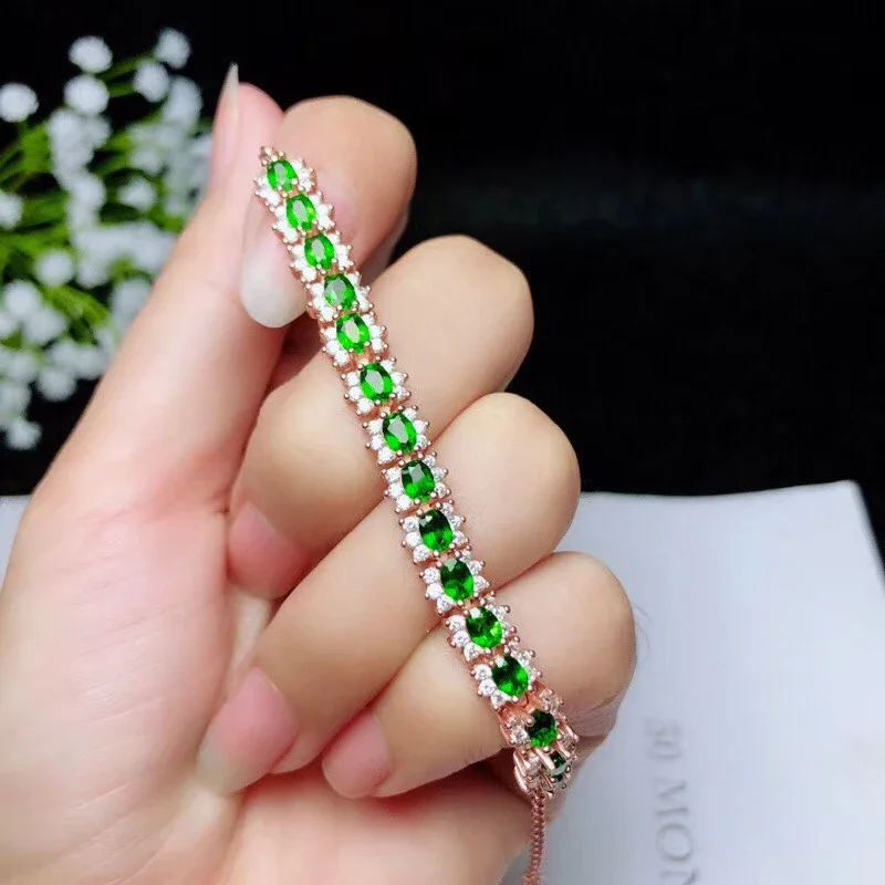 VVS grade natural chrome diopside bracelet for wedding 3 mm * 4 mm round diopside silver bracelet 925 silver diopside jewelry