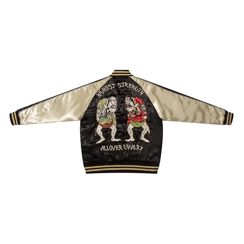 New Men Boys Black Streetwear High Street Vintage Casual Embroidered Loose Fashionable Sukajan Souvenir Jacket 2024
