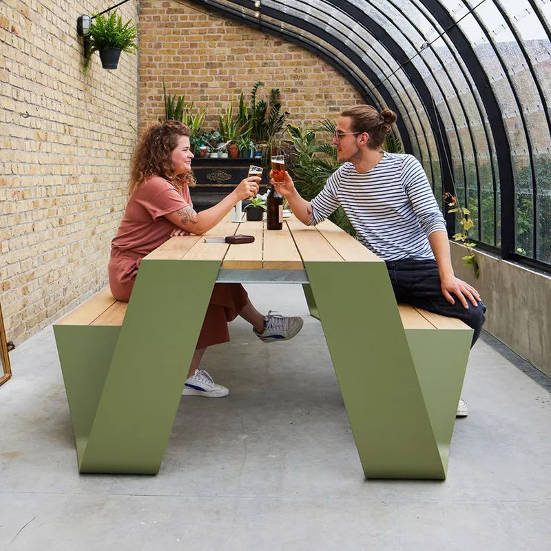 

Outdoor table and chair set One-piece bench Yard restaurant Stainless steel pendulum combination