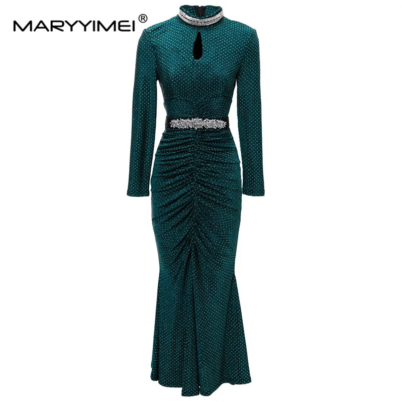 

MARYYIMEI New Fashion Runway Designer Women's Stand Up Collar Long Sleeved Detachable Waistband Rivet Green Fishtail Dress