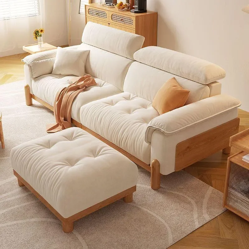Cream Fabric Cloud Sofa Solid Wood Frame 3 Seater Straight Living Room Furniture Removable Washable Cover Modern Home Decor