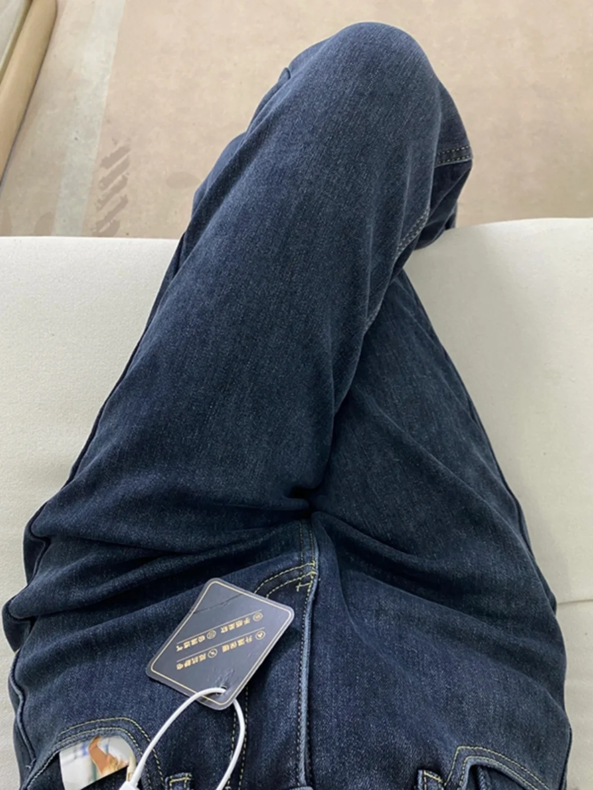 

Deep Blue Fleece Lined Men's Denim Jeans Straight Leg Slim Fit High Street Micro Flare Long Trousers Autumn Winter American S...